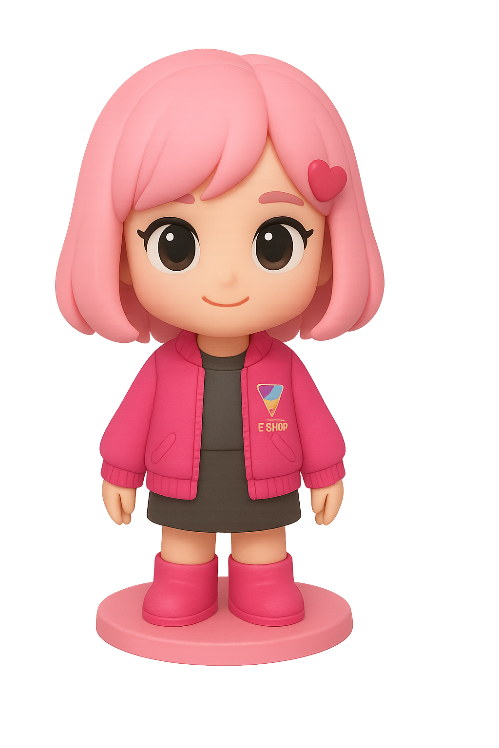 Chelsea - Full-body avatar of cute but confident AI marketer in pink-violet jumpsuit with holographic panels