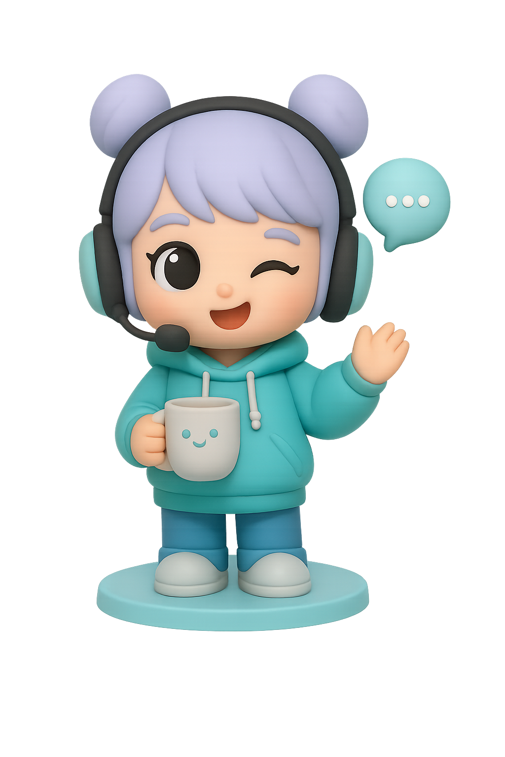 Miki - Full-body avatar of friendly AI support specialist in pastel-teal outfit with headset