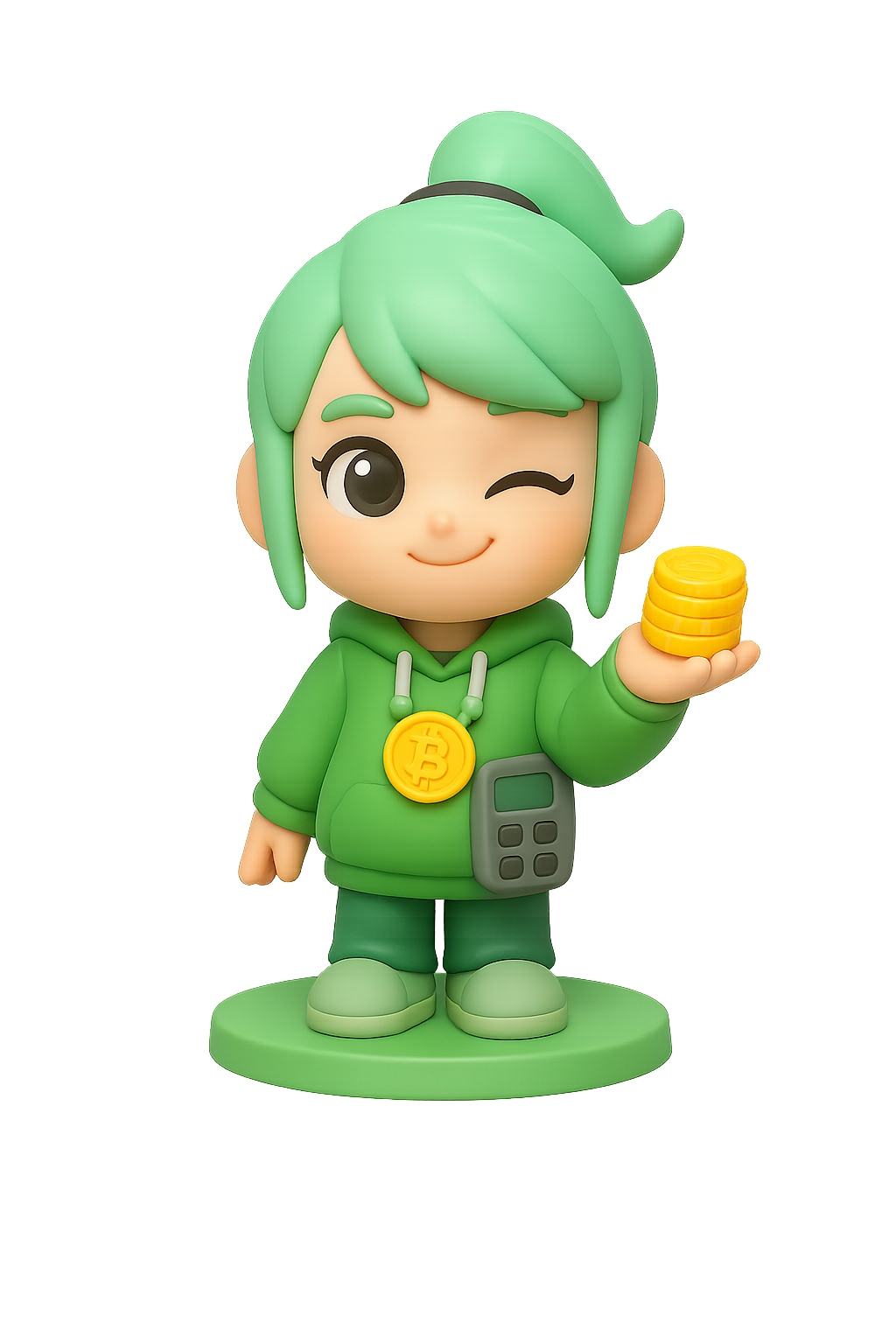 Tabby - 3D animated character with bright mint-green hair in a ponytail, wearing a green hoodie, winking with a friendly expression, holding a stack of golden coins in one hand, has a small calculator attached to the hoodie, standing on a green circular platform