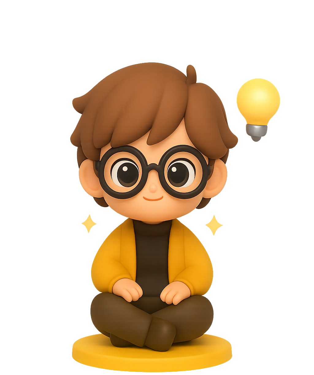 Leo - 3D animated character with brown messy hair, round black glasses, wearing a bright yellow/orange jacket over dark clothing, sitting cross-legged in meditation pose on a yellow circular platform, with a glowing yellow lightbulb floating nearby and sparkle effects around him